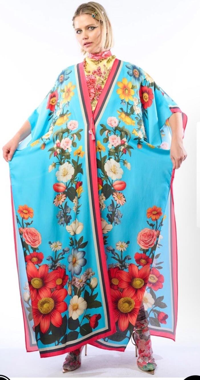 Aratta Floral Garden Kimono O/S NWT Boho Maxi Duster Turquoise
